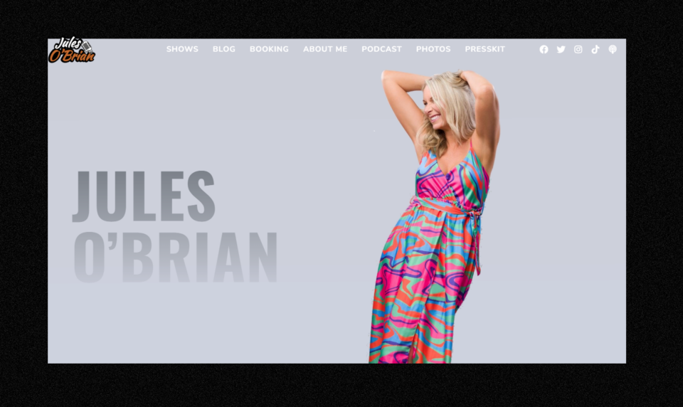 Jules O’Brian’s shining personality on her homepage