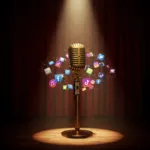 A gold stage microphone entertains social media icons for comedy promotion.