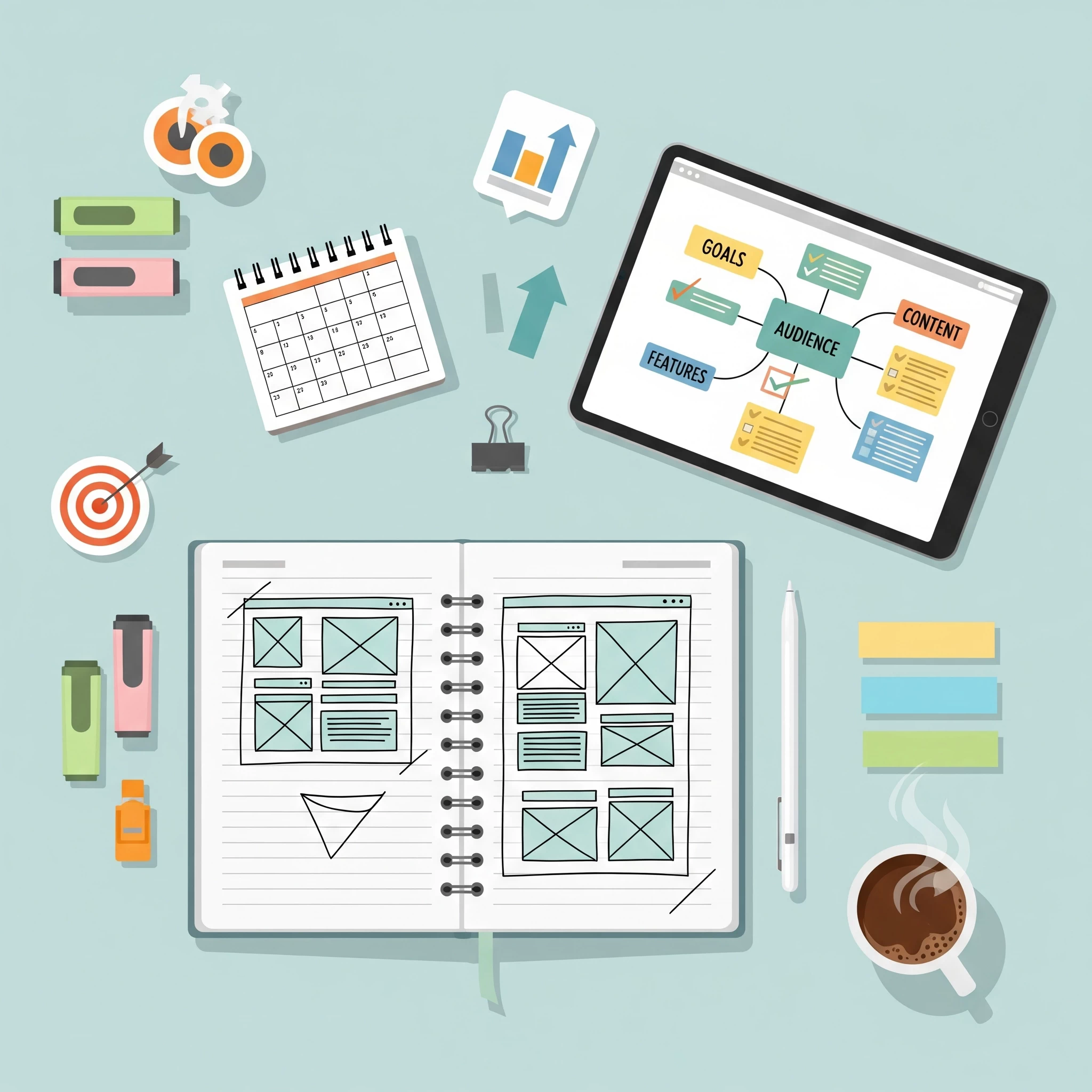 A flat-lay image showing a notebook with a hand-drawn website wireframe, a tablet displaying a website features mind map, a stylus, a calendar, a coffee cup, and sticky notes on a clean surface. The colours are bright blues, greens, and greys with a warm accent. The image depicts perfect website planning.