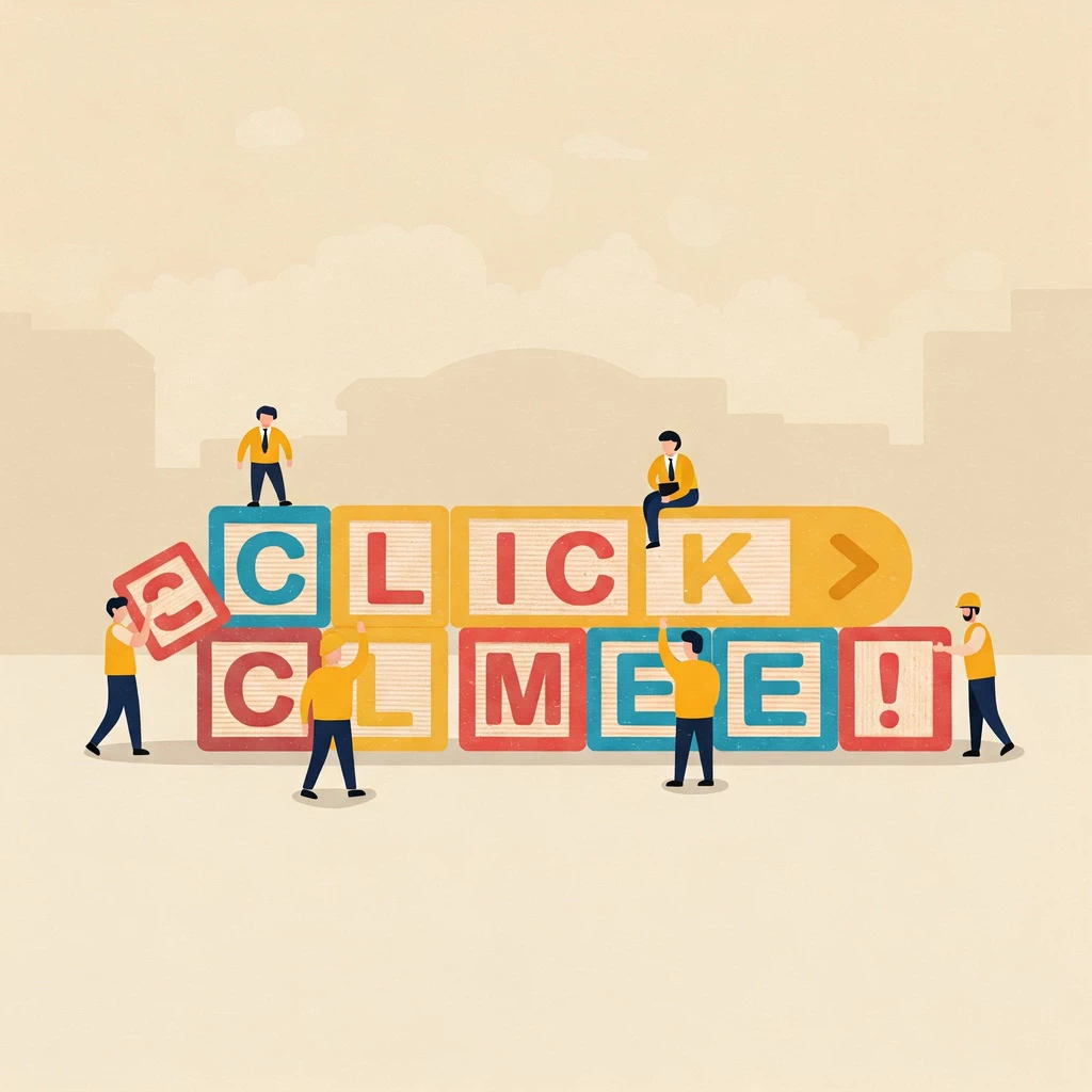 A set of children’s letter blocks being pushed together by miniature people to form prominent calls to action, including a button (saying “Click me”), with a cartoon vibe.