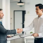 A businessman in a dark suit shakes hands with a web developer. They are exchanging contracts in a modern office setting somewhere in the UK.