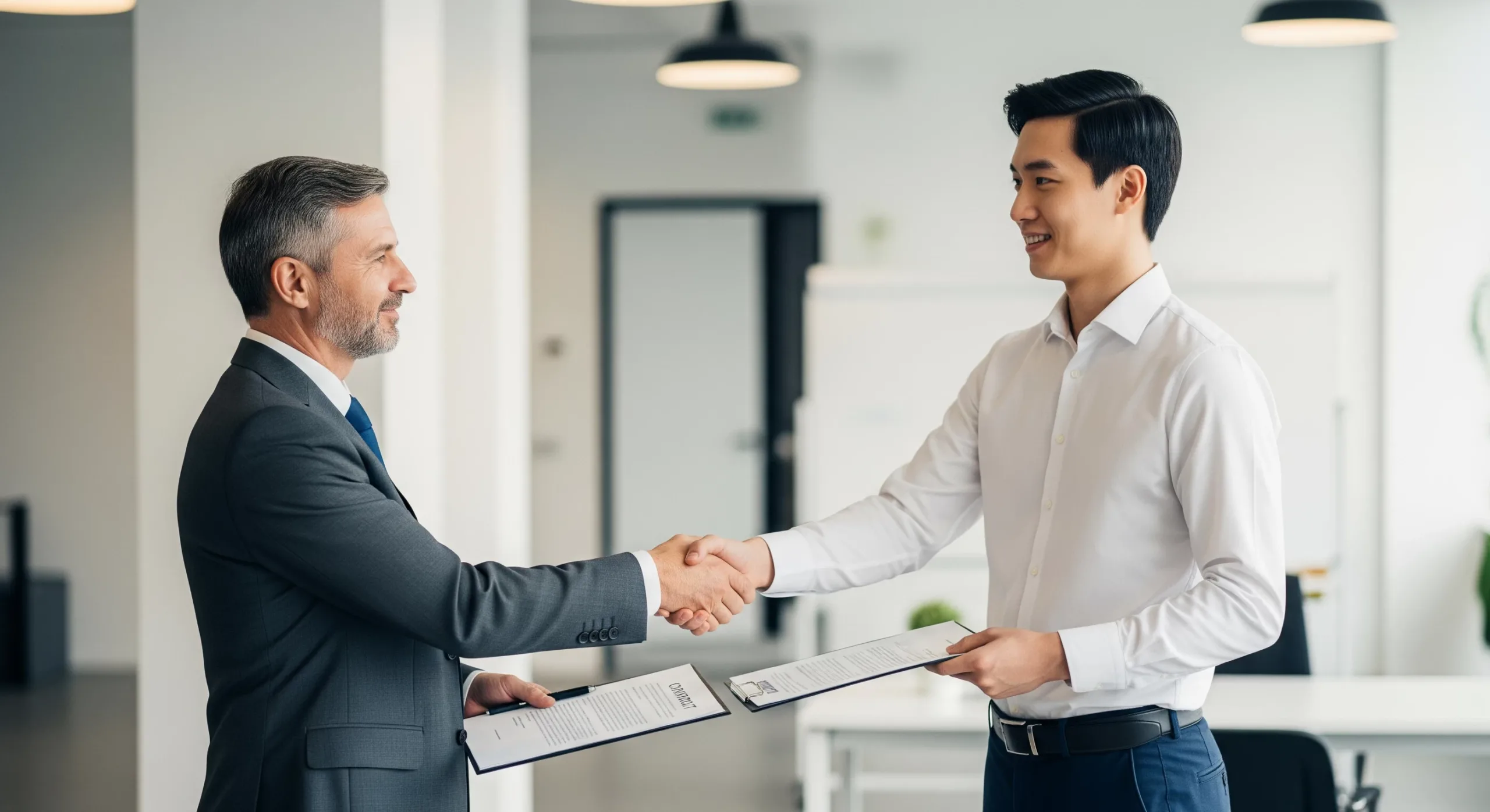 A businessman in a dark suit shakes hands with a web developer. They are exchanging contracts in a modern office setting somewhere in the UK.