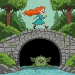 A red-haired comedian in a blue dress laughs as she crosses the stone bridge, taking no notice of the digital trolls and hecklers.
