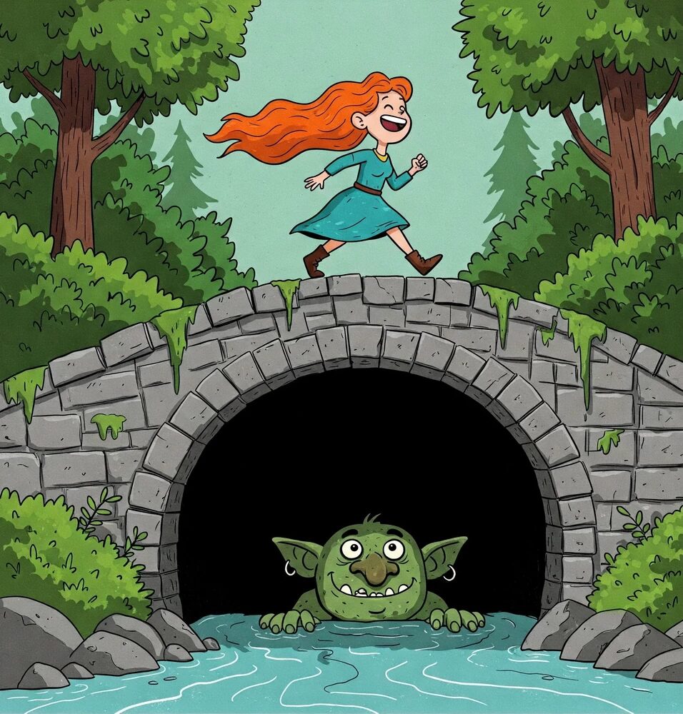 A red-haired comedian in a blue dress laughs as she crosses the stone bridge, taking no notice of the digital trolls and hecklers.