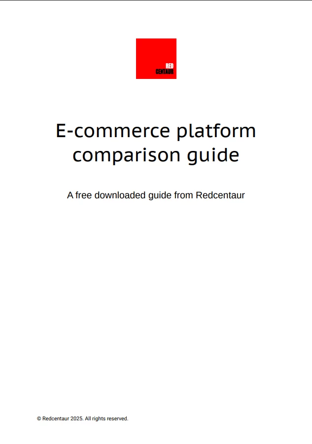 Front cover of the e-commerce platform comparison guide downloadable PDF