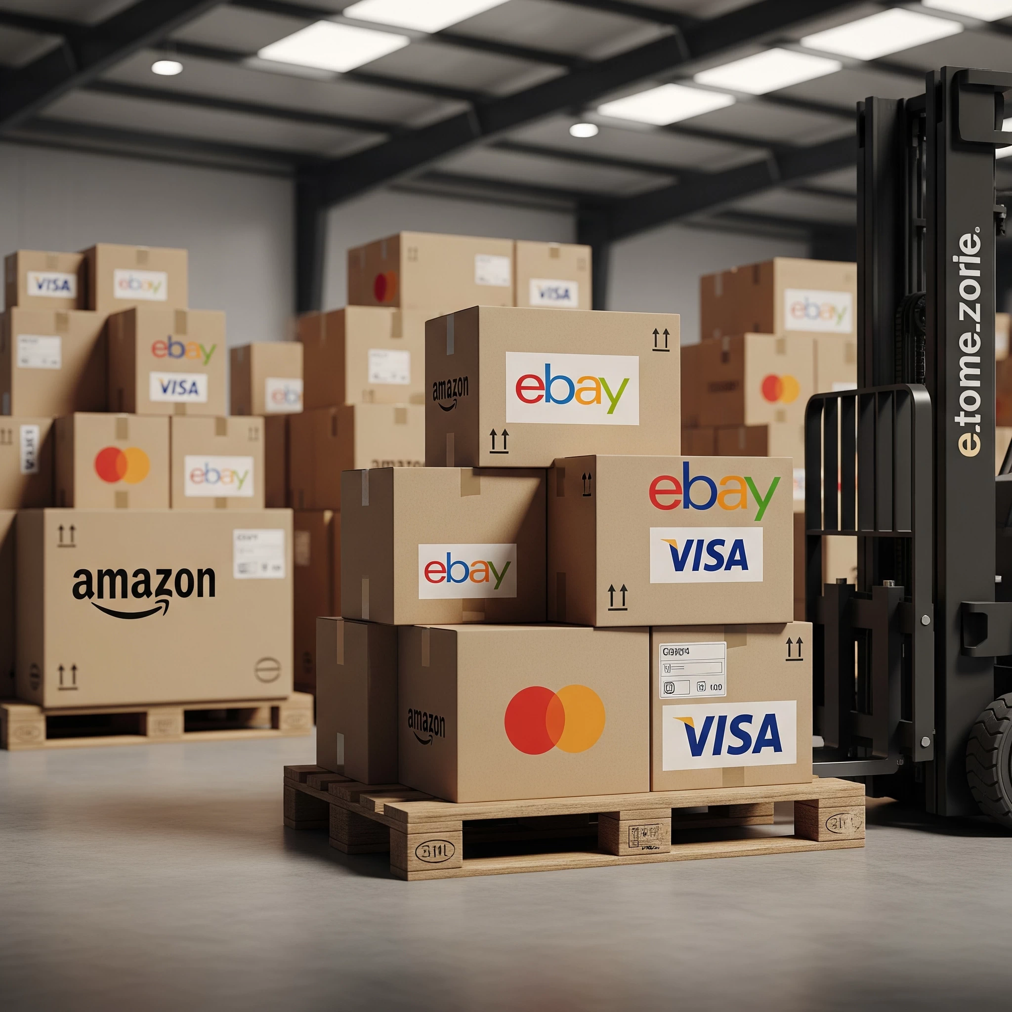Warehouse with boxes on a pallet displaying e-commerce platform and payment gateway logos, symbolising online order fulfilment.
