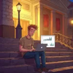 A man sitting on the steps of a theatre looking at its digital ROI in its analytics data.