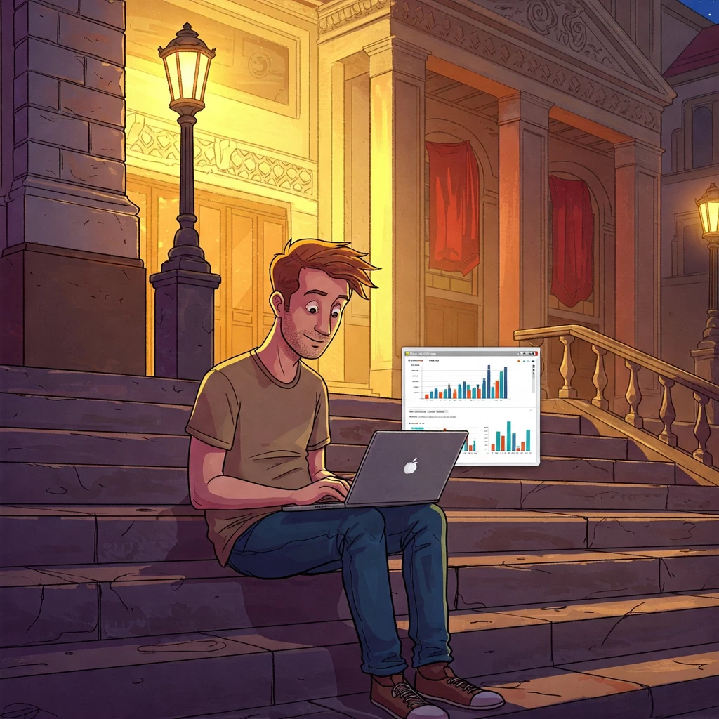 A man sitting on the steps of a theatre looking at its digital ROI in its analytics data.