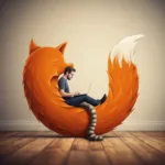 A man with a long tail sitting in the Firefox searching for long-tail keywords for his theatre