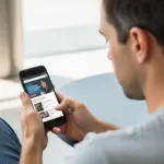A man with dark hair and casual dress sits browsing mobile-friendly websites on his smartphone.