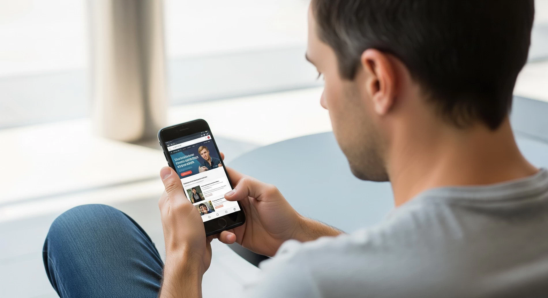 A man with dark hair and casual dress sits browsing mobile-friendly websites on his smartphone.