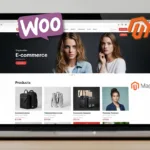 A laptop displays an e-commerce website with product listings, surrounded by logos of various e-commerce platforms such as Shopify, WooCommerce, BigCommerce, Magento, Salesforce, and Wix.