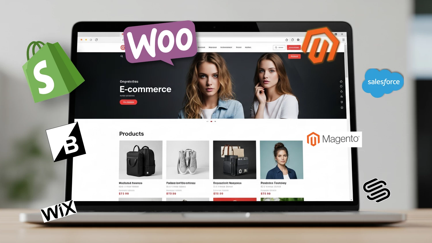 A laptop displays an e-commerce website with product listings, surrounded by logos of various e-commerce platforms such as Shopify, WooCommerce, BigCommerce, Magento, Salesforce, and Wix.