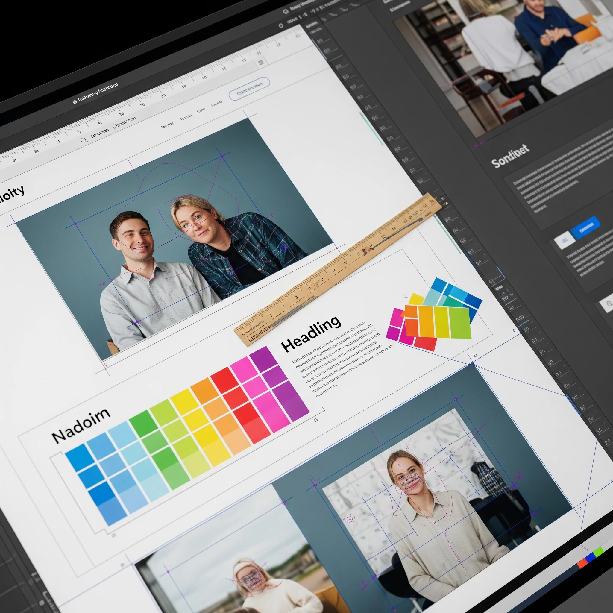 This half-built website page during website design showing headings, placeholder photographs, wireframe marks for future content, colour swatches, and ruler/angle guides for element positioning for the UK market.