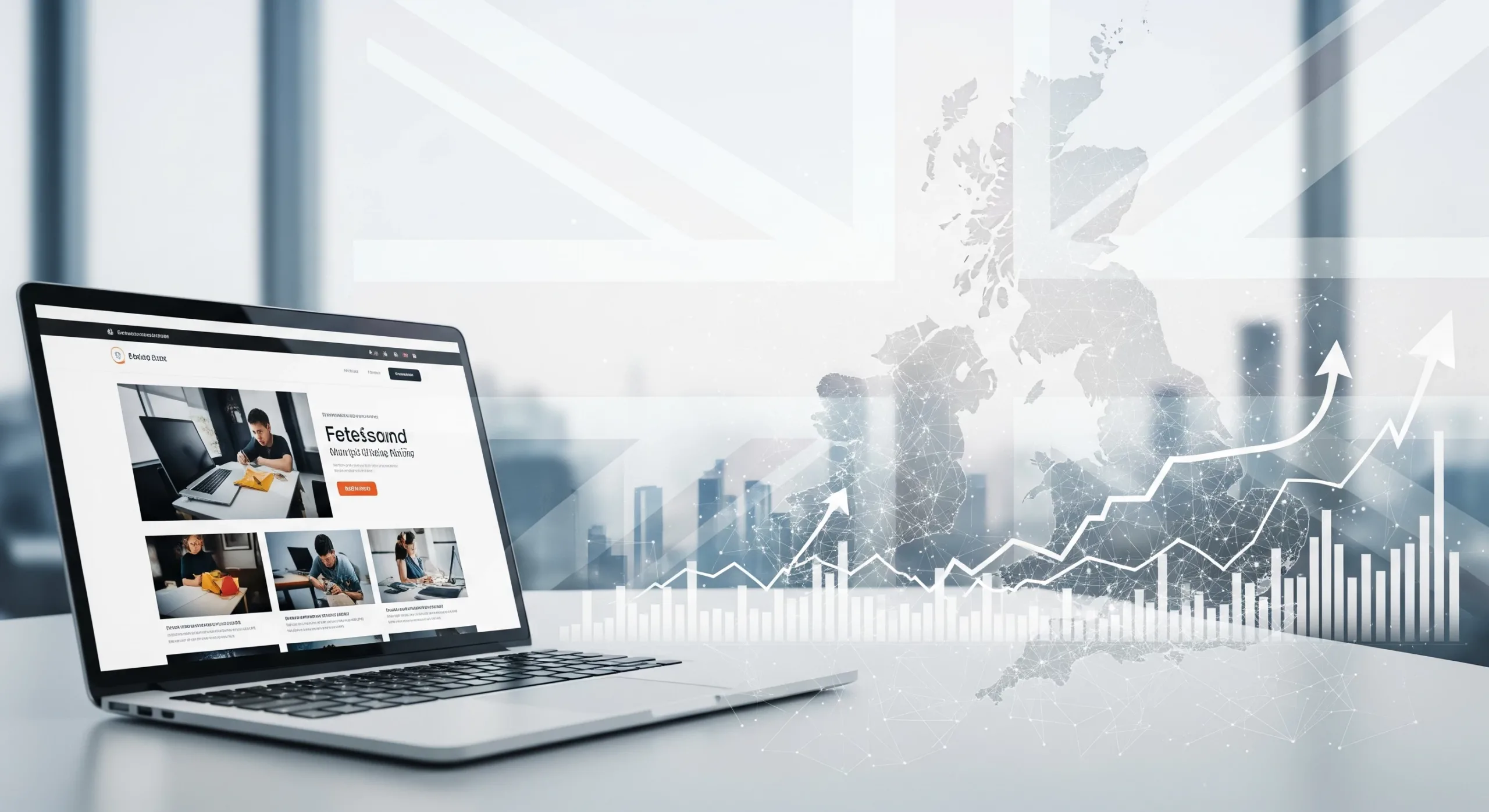 A laptop displays competent, professional website development overlaying elements suggesting the UK (a flag and a map of the UK), and professional business (a cityscape, office, and upward-trending graphs).