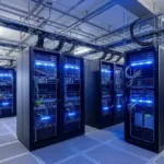 Rows of server racks with glowing blue lights for website hosting, inside a secure and organised UK data centre.