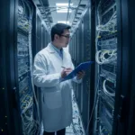 A technician in a white lab coat uses a clipboard to check servers in a UK data centre. He is focused on website maintenance for UK businesses.