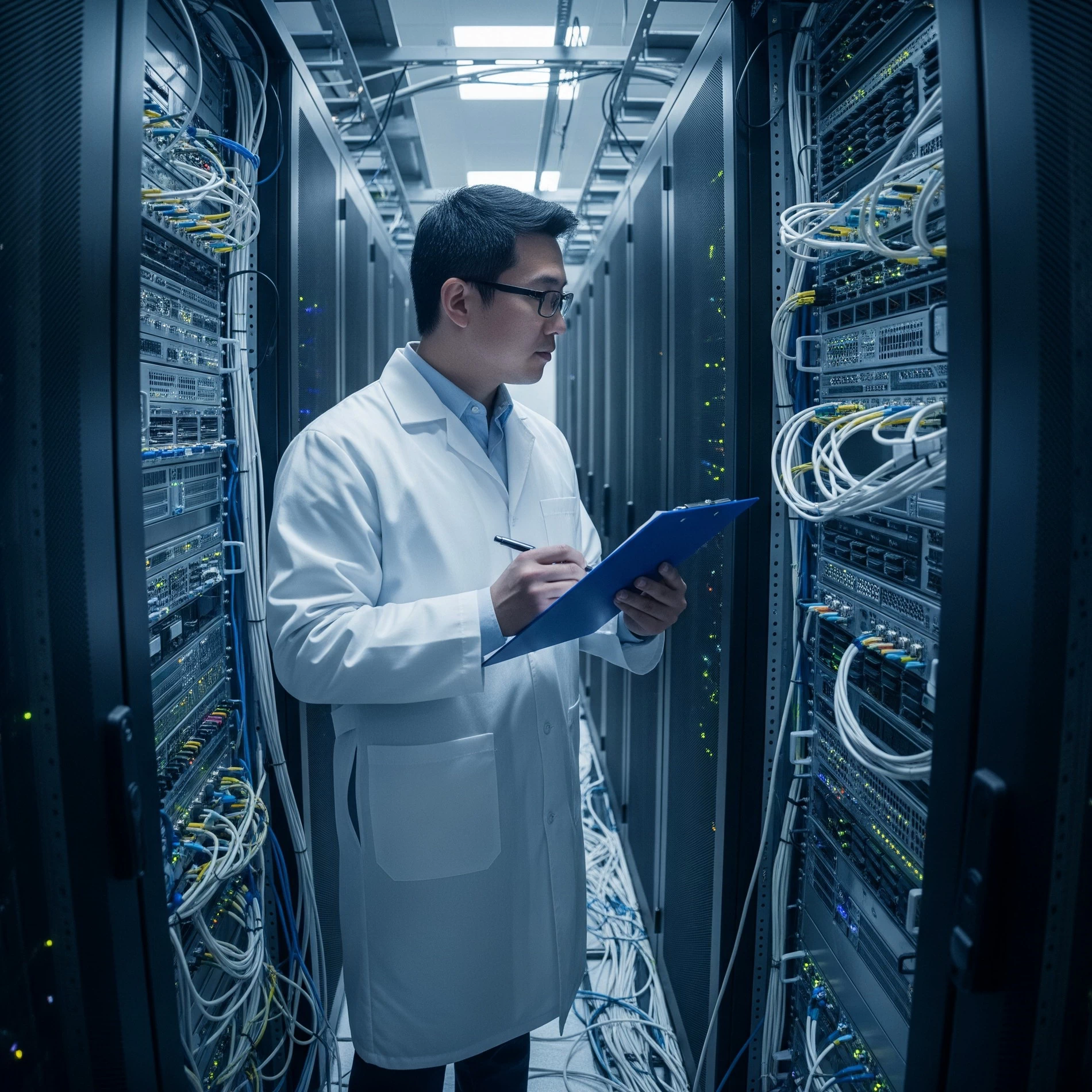 A technician in a white lab coat uses a clipboard to check servers in a UK data centre. He is focused on website maintenance for UK businesses.
