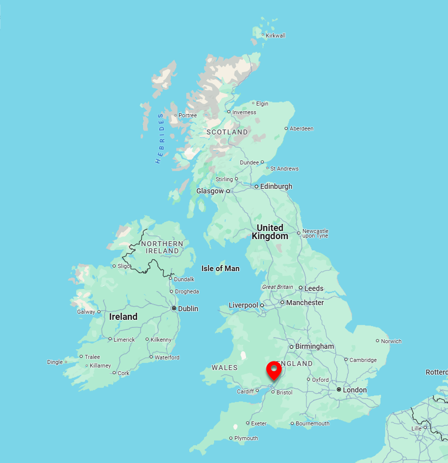 A map of the UK (from Google Maps) with a pin drop for a local search to optimise for local SEO in Google My Business.