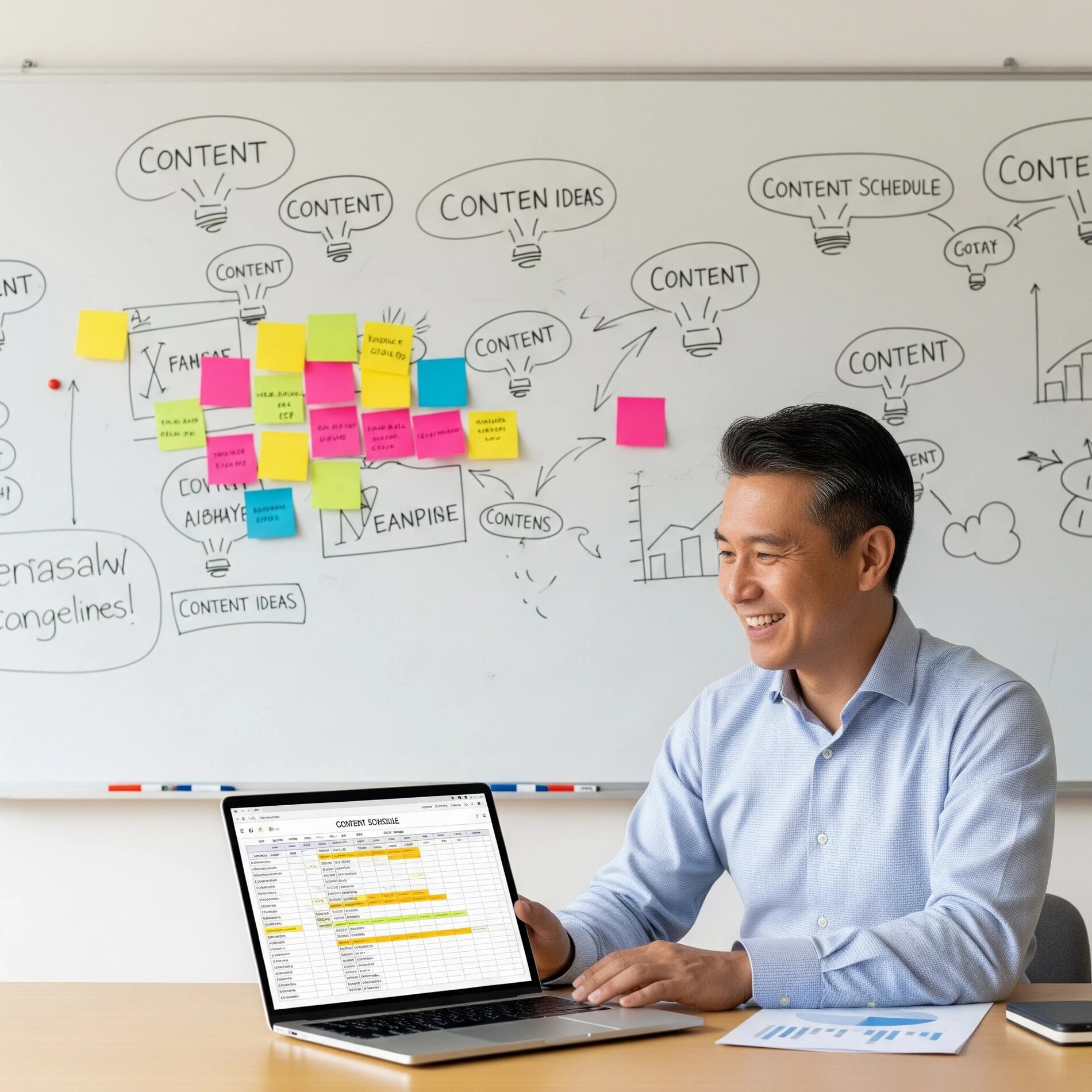 A professional is smiling at their laptop, which shows a spreadsheet demonstrating a well-organised content strategy, in front of a whiteboard covered in content ideas and post-it notes, suggesting disarray and chaotic management.