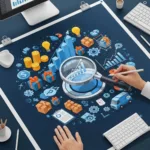 Digital illustration of a poster with a magnifying glass over graphs, surrounded by commerce icons, with a blank top, designed for UK e-commerce SEO.