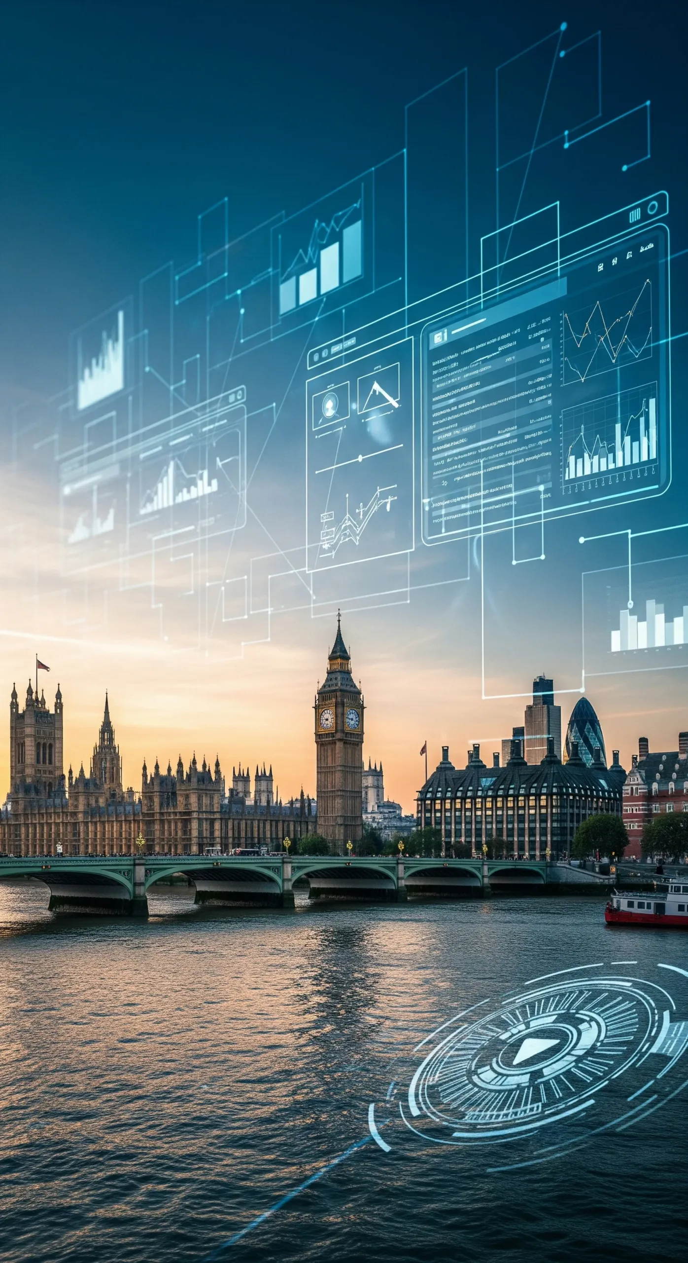 An image of the London skyline and Houses of Parliament across the Thames with digital wireframes crossing the sky above the buildings.