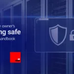Front cover image for the Staying safe: A website owner's secuirty handbook, featuring a shield and a padlock icons in front of a series of server cabinets.