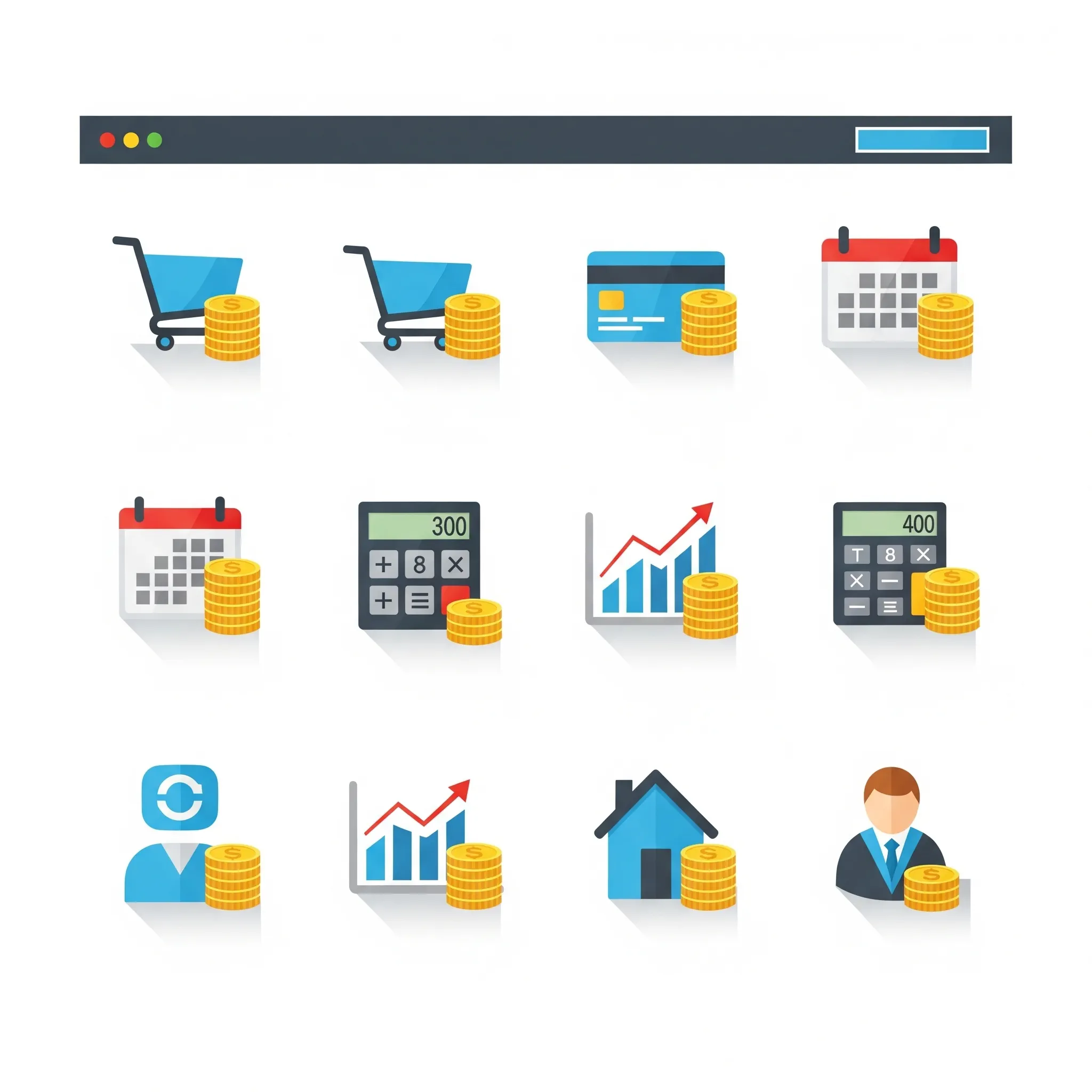 Website icons with stacks of gold coins illustrating website costs in the UK, representing budget allocation for online functions.