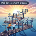 A roadmap illustrating a website project journey in the UK, with a web developer guiding a client through various gates and signposts, leading towards a sunrise.