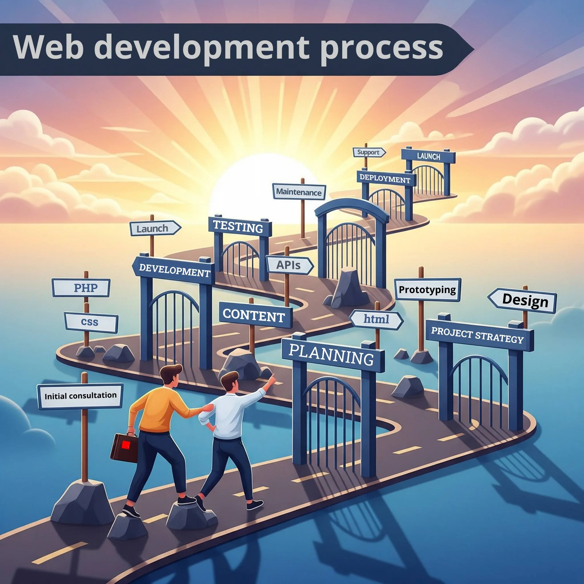 A roadmap illustrating a website project journey in the UK, with a web developer guiding a client through various gates and signposts, leading towards a sunrise.