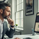 A thoughtful person in a UK office critically viewing an outdated website on a screen, representing the initial evaluation stage of a website redesign project in the UK.