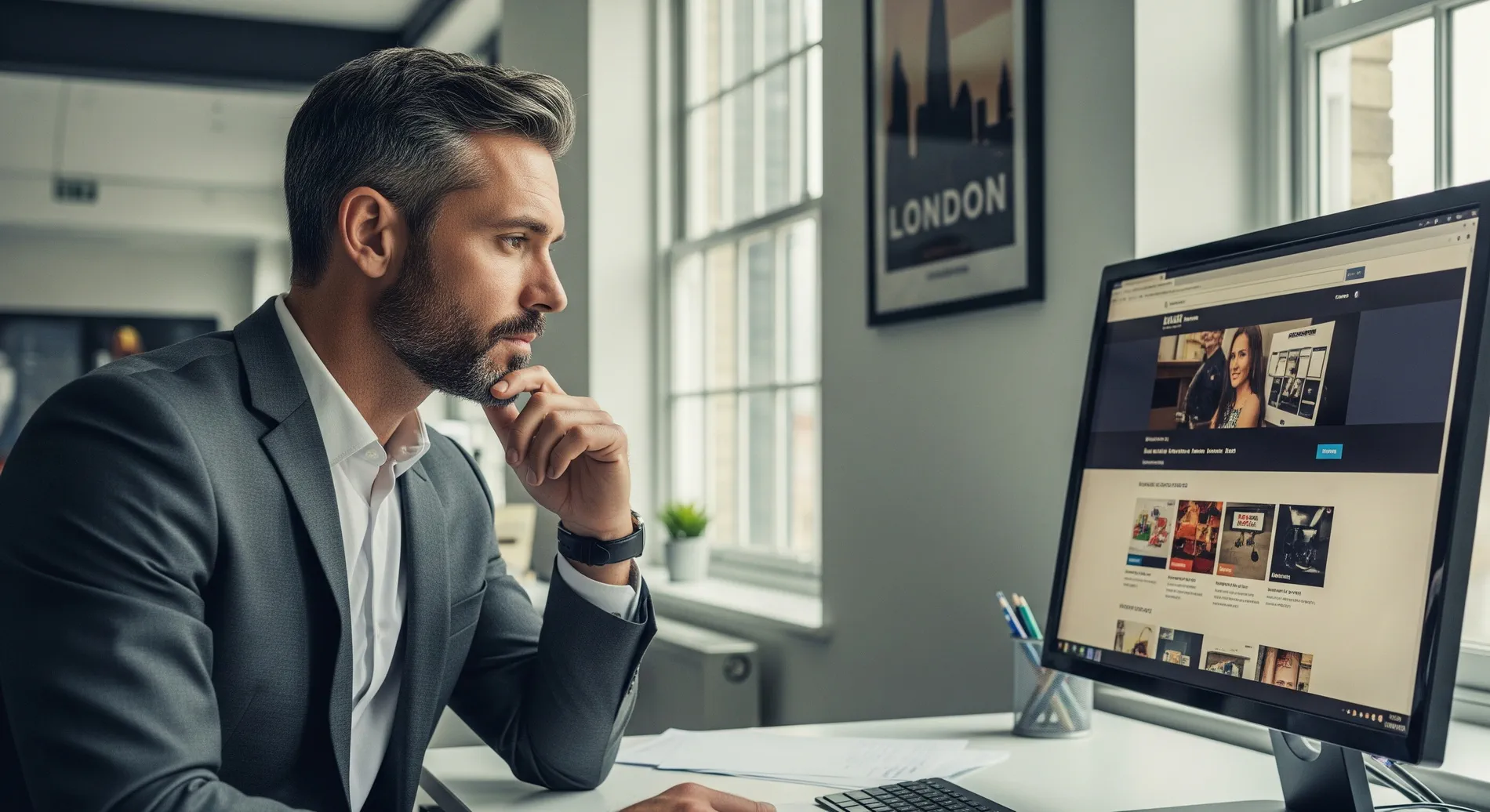 A thoughtful person in a UK office critically viewing an outdated website on a screen, representing the initial evaluation stage of a website redesign project in the UK.