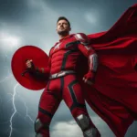 A superhero in a red and black suit with a flowing red cape holds a bright red shield against a stormy sky as he stands up for website security and protects UK businesses.