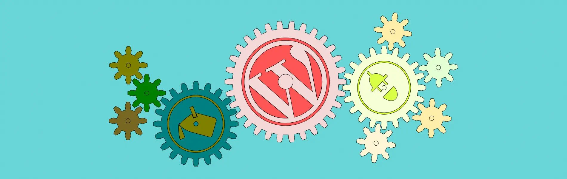 Interconnected gears illustrate the WordPress core, themes, and plugins working together through a WordPress update. The largest gear is the core, with smaller gears representing themes and plugins meshing with the core.